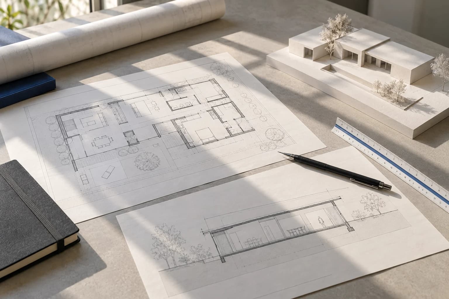 Escena conceptual de una mesa de trabajo con planos y maqueta