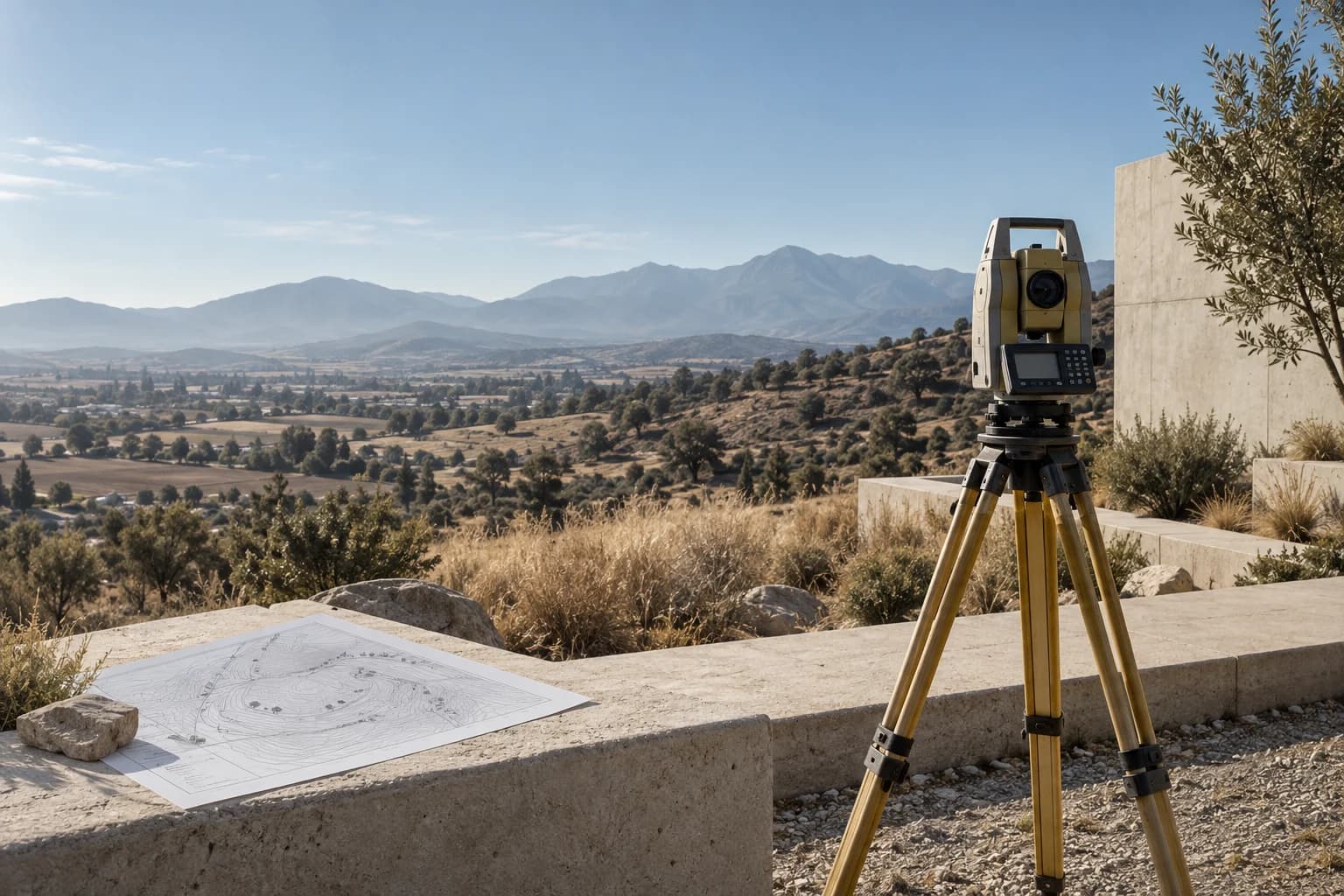 Escena conceptual de un terreno con equipo topográfico y plano de emplazamiento